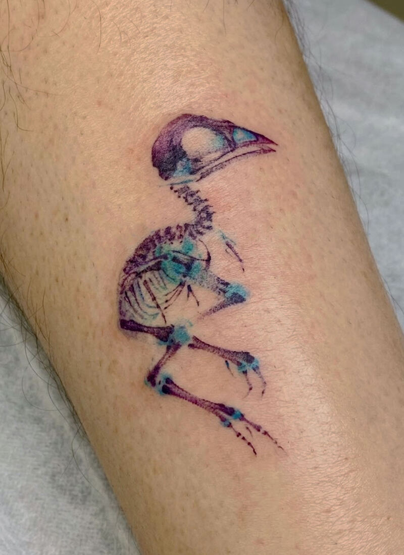 Watercolor bird skeleton tattoo in purple and teal